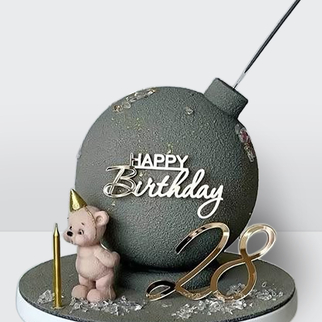 Торт бомба серый с блестками и медвежонком на день рождения с фитилем