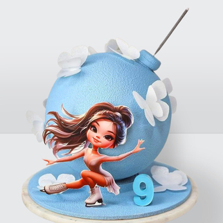 Торт бомба голубой с бабочками и девочкой фигуристкой с фитилем