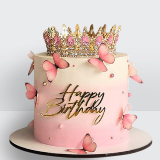 Торт ламбет розовый с короной розовыми бабочками и золотой надписью