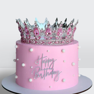 Торт розовый с короной с розовыми камнями и бусинами