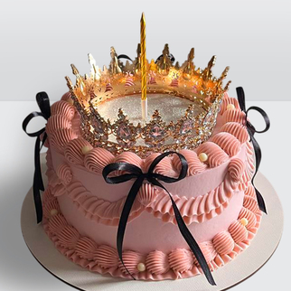 Торт ламбет розовый с золотой короной бусинами черными лентами и блестками