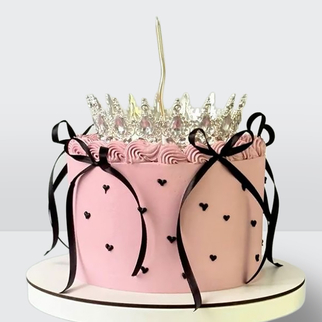 Торт ламбет розовый с золотой короной черными лентами и сердечками