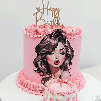 Торт ламбет розовый с фотопечатью девушка и золотой надписью