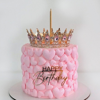 Торт розовый с золотой короной сердечками фитилем свечой и надписью