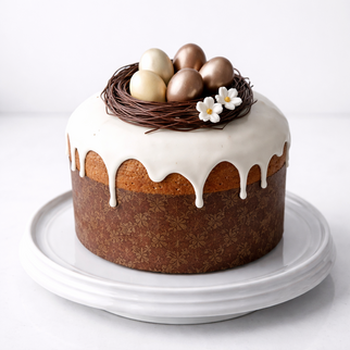 Итальянский панеттоне на пасху (кулич) с белой глазурью и шоколадными яйцами в гнезде