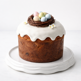 Итальянский панеттоне на пасху (кулич) с белой глазурью и шоколадными яйцами в гнезде