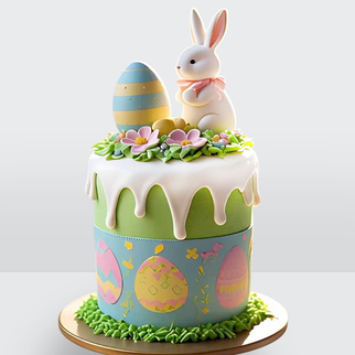 Торт на пасху с зайкой и цветными яйцами с белой глазурью