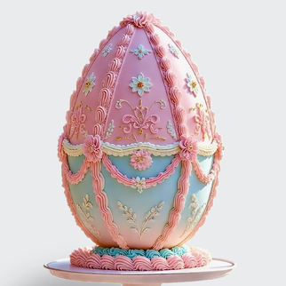 Торт пасхальное яйцо с розово-голубым декором и цветочным орнаментом
