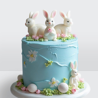 Торт на пасху голубой с зайками и яйцами