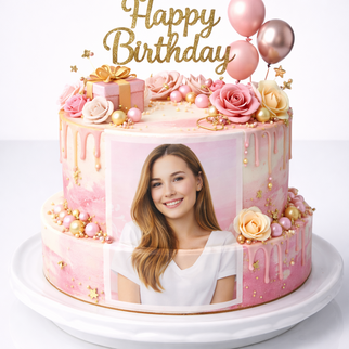 Торт на день рождения для девушки с розами и фотопечатью