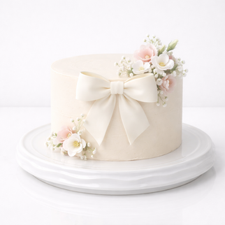 Торт в стиле минимализм украшенный цветами и бантом