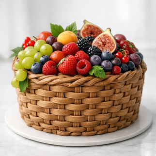 Торт корзина с фруктами с клубникой, малиной, виноградом, абрикосом