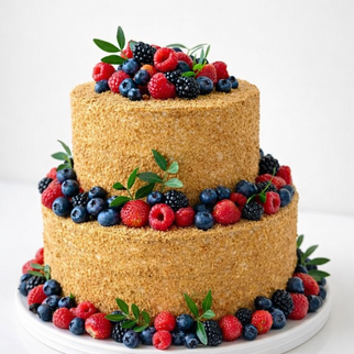 Торт медовик с ягодами малиной, ежевикой, голубикой