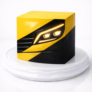 Торт черный с фарой автомобиля в стиле минимализм