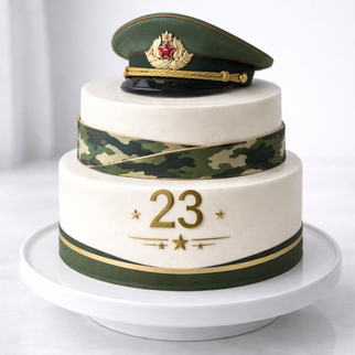 Торт в стиле милитари с фуражкой на 23 февраля