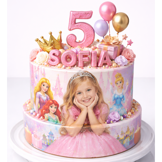 Торт розовый с принцессами и фото девочки