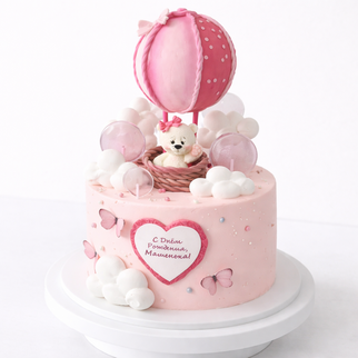 Торт розовый с мишкой и воздушным шаром