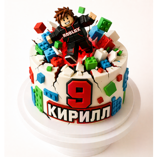 Торт Роблокс с эффектом взрыва и фигуркой персонажа на 9 лет