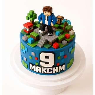 Торт в стиле Майнкрафт с фигуркой и ландшафтом на 9 лет