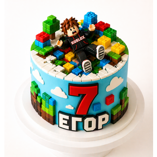 Торт Роблокс с фигуркой и кубическим миром на 7 лет