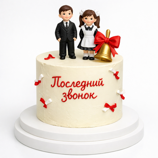 Торт на последний звонок с фигурками школьников и колокольчиком