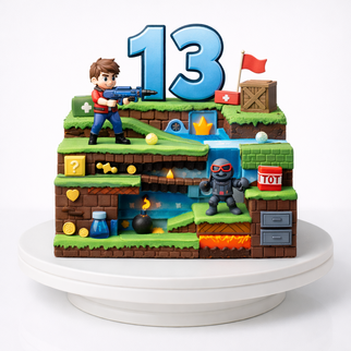 Торт в стиле игры с уровнями и персонажами на 13 лет