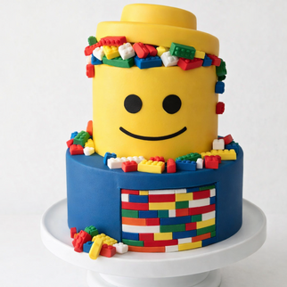Торт в стиле конструктора с улыбающимся персонажем