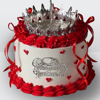 Торт ламбет белый с короной и блестками красными лентами с надписью и огнем