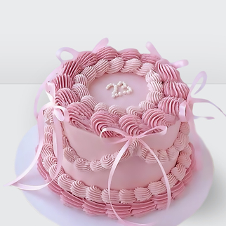Торт ламбет розовый с розовыми ленточками сердечками и надписью с нежным декором и романтичной композицией