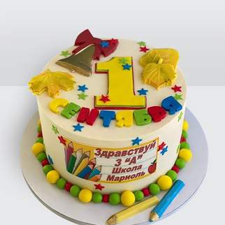? Торт на 1 сентября. Колокольчик и надписи. Торт на день учителя