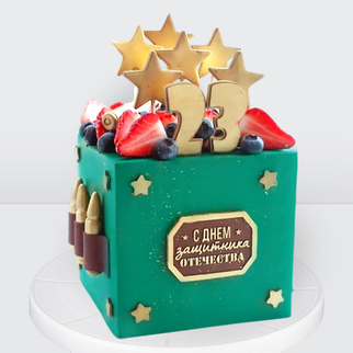 ? Торт милитари для мужчин на 23 февраля зеленый в форме куба с патронами, звездами, с надписью, с клубникой и голубикой