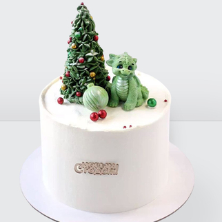 0 Торт на Новый год с фигуркой и елочкой новогодними украшениями