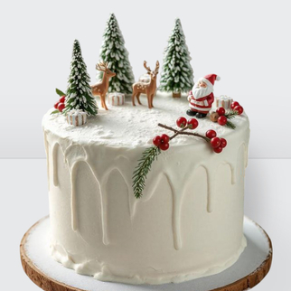 ? Торт на Новый год с фигуркой деда мороза, оленя и елочкой, новогодними украшениями