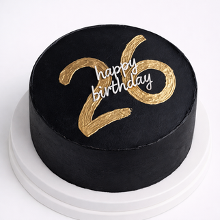 Бенто торт на 26 лет с надписью Happy Birthday в чёрно-золотом стиле