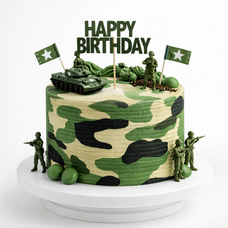 Торт в военном стиле с камуфляжем, танком и фигурками солдат