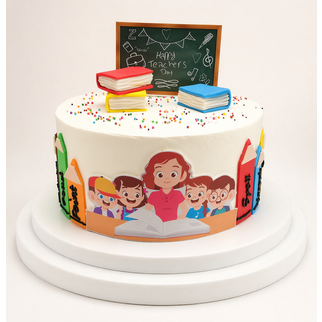 Торт учителю начальных классов с фигурками детей и школьной доской