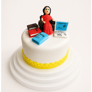 Торт преподавателю с фигуркой, книгами и ноутбуком