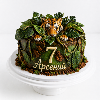Торт с тигром в джунглях и цифрой 7