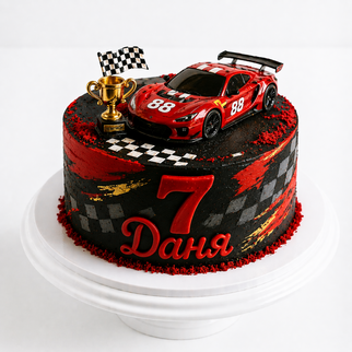 Торт с гоночной машиной, кубком и флагом с цифрой 7