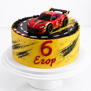 Торт с гоночной машиной и трассой с цифрой 6