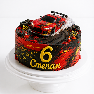 Торт с гоночной машиной и трассой с цифрой 6
