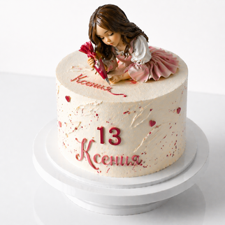 Торт с фигуркой девочки и письмом с цифрой 13