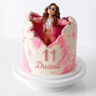 Торт с фигуркой девочки и эффектом разлома с цифрой 11