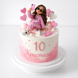 Торт с фигуркой девочки и сердцами с цифрой 10