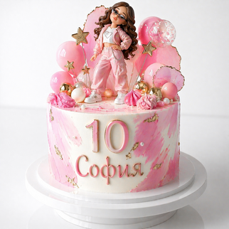Торт с фигуркой девочки и цифрой 10 в розовом стиле