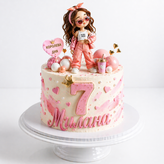 Торт с фигуркой девочки и цифрой 7 в розовом стиле