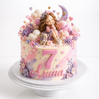Торт на 7 лет с девочкой, облаками и звёздами