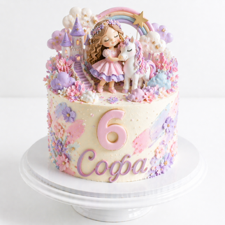 Торт на 6 лет с девочкой, единорогом и радугой