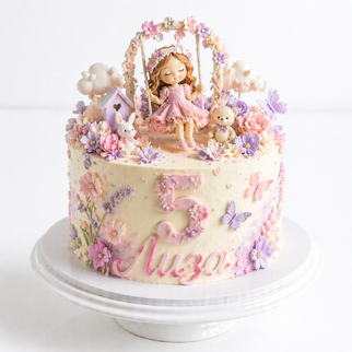Торт на 5 лет с девочкой на качелях и цветами