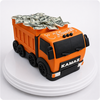 Торт 3Д в виде машины Камаза с деньгами